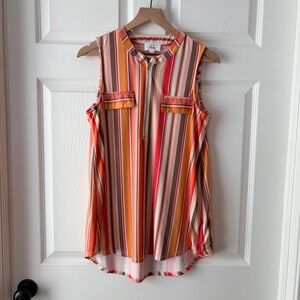 Fyve Womens Striped Sleeveless Half Zip Blouse Orange Red Brown Size L MKC8083
